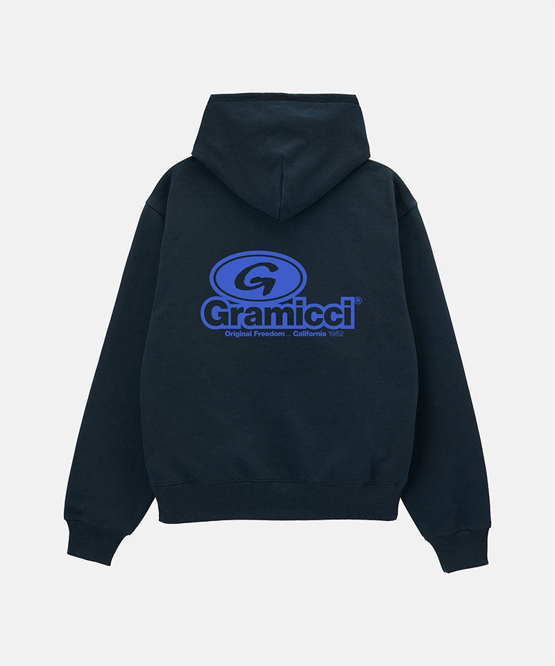 Black hoodie with blue 'Gramicci' logo on the back against a light gray background