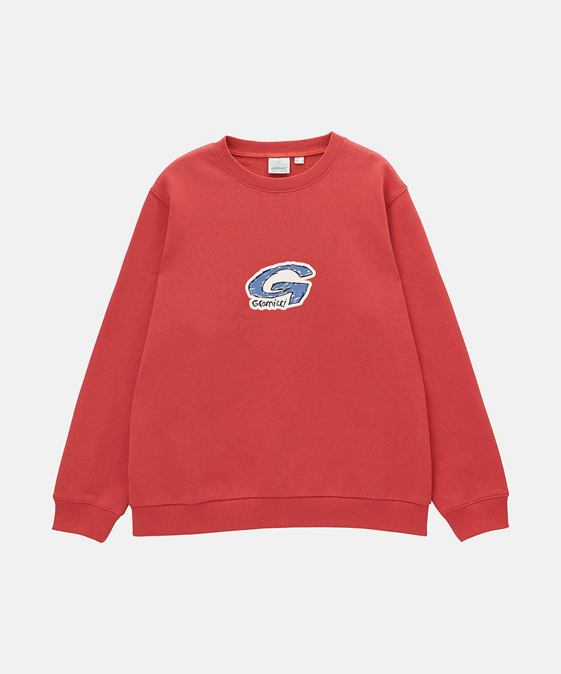 Red sweatshirt with a logo on a white background