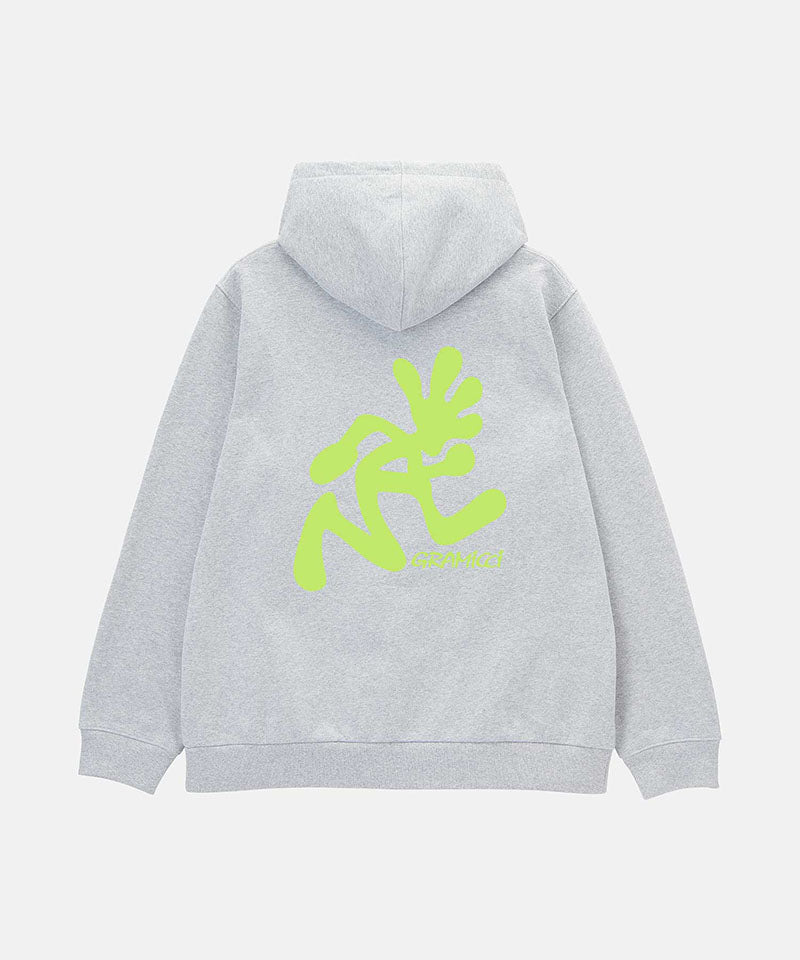 Gray hoodie with a bright green logo on the back against a white background