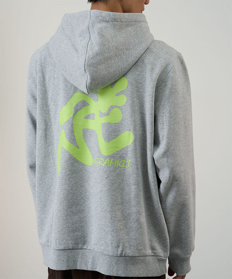 Gray hoodie with a green logo on the back against a plain background