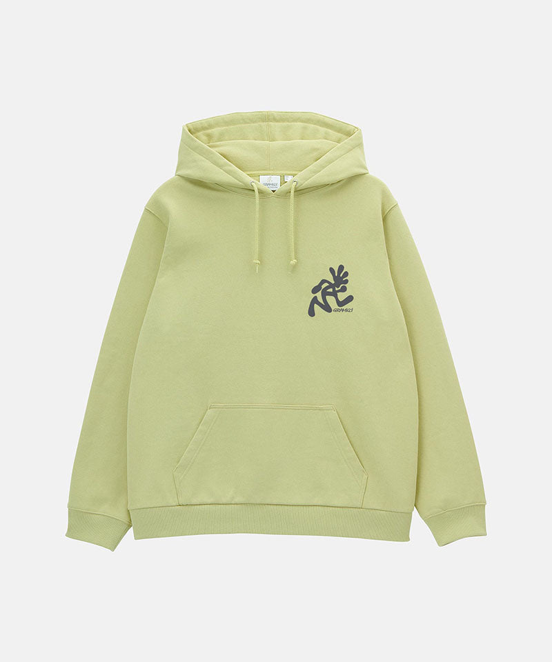 Light green hoodie with a small dark grey logo on a white background