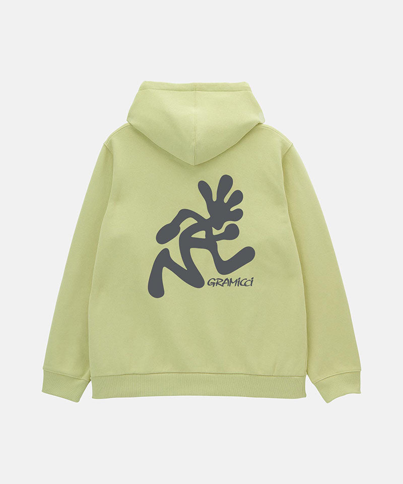 Light green hoodie with dark grey graphic design on the back against a white background