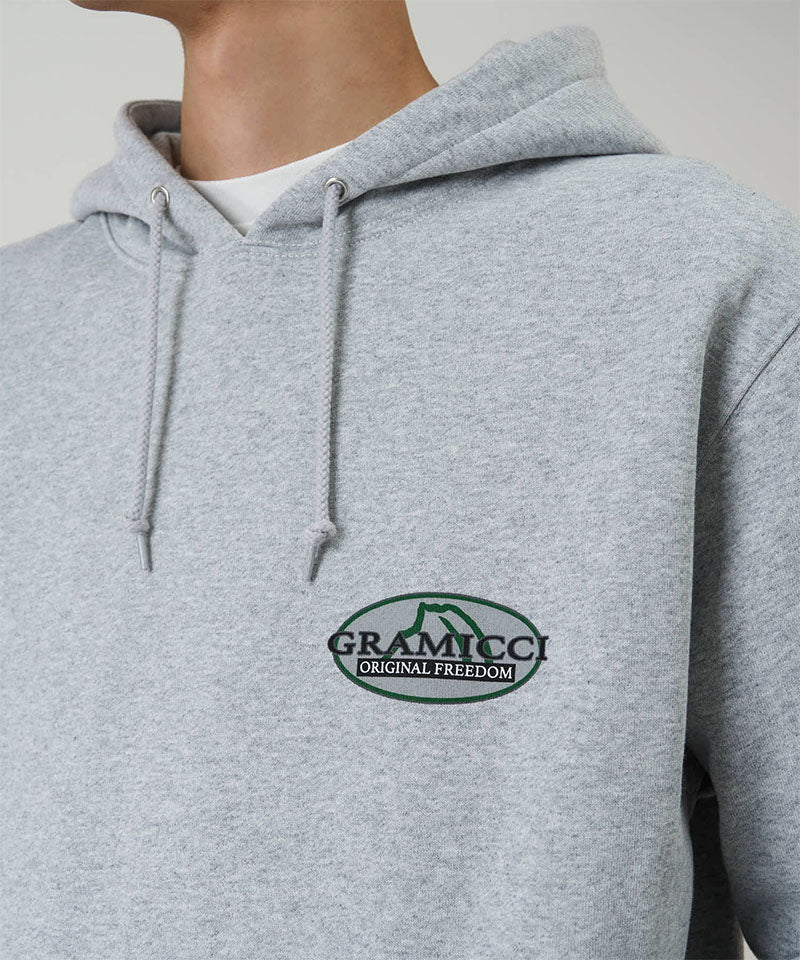 Gray hoodie with Gramicci logo on a light gray background