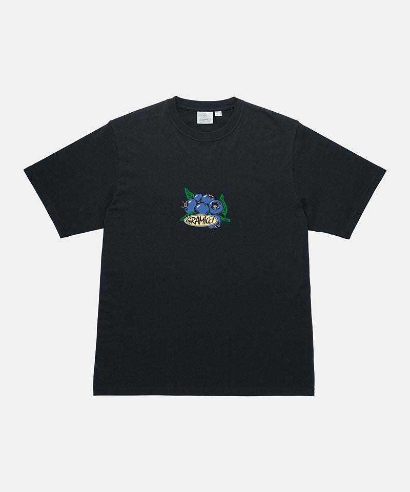 Gramicci black Blueberry Tee featuring a blueberry graphic against a light tone background.