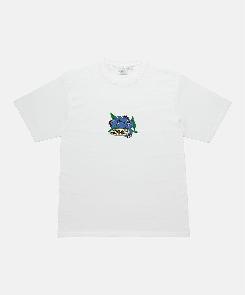 Gramicci white Blueberry Tee with a graphic against a light-tone background.