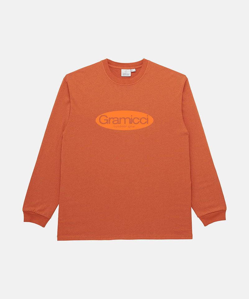 Gramicci orange Gramicci Outdoor Gear L/S Tee with a light orange graphic against a light-tone background.
