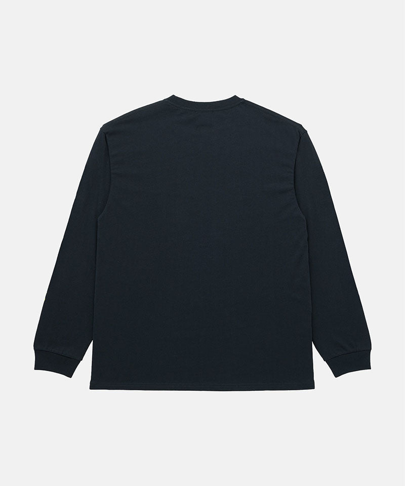 Back view of a Gramicci vintage black Gramicci Outdoor Gear L/S Tee against a light-tone background.