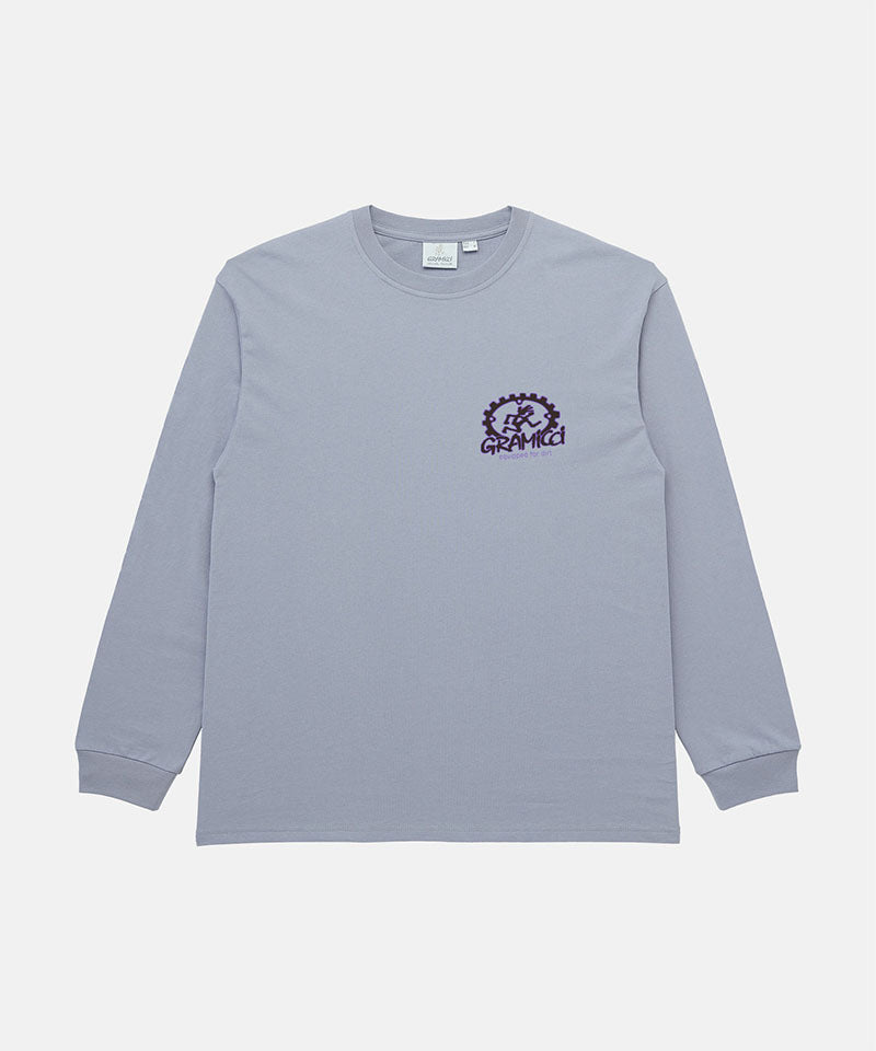 Gramicci lavender Equipped For Dirt L/S Tee with a Gramicci gear graphic graphic against a light tone background.