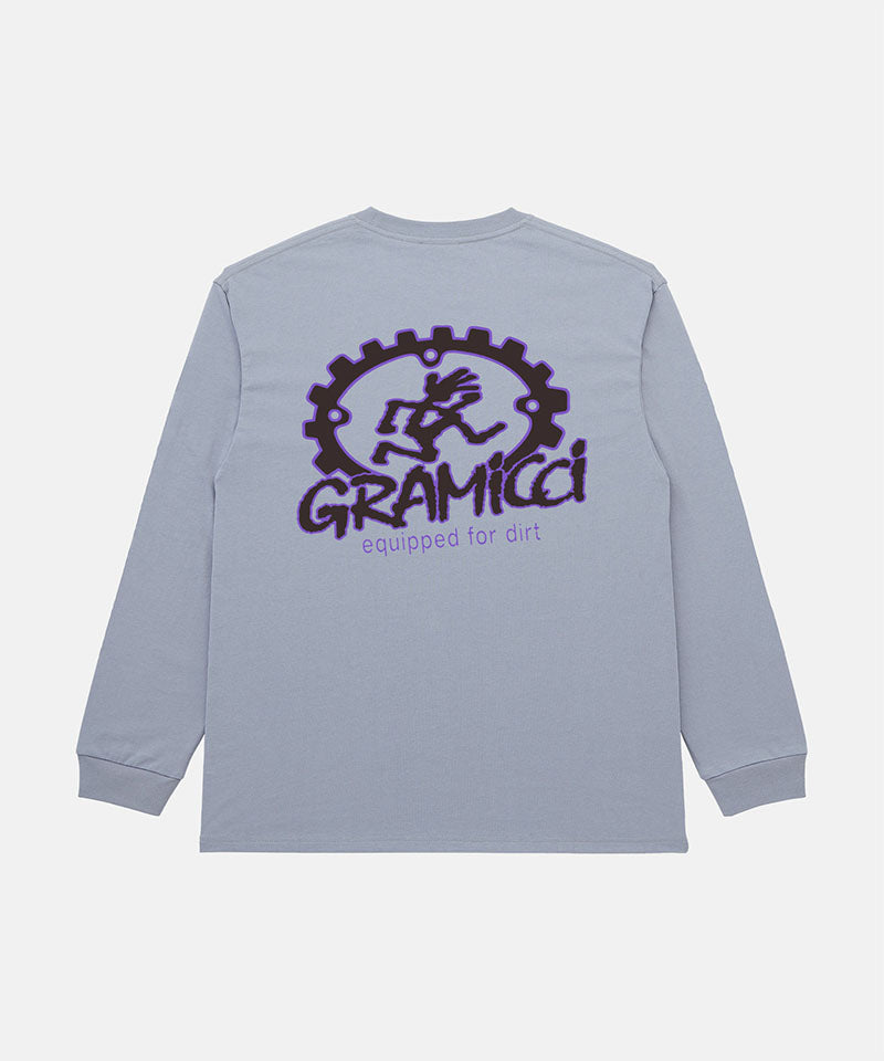 Back view of a Gramicci lavender Equipped For Dirt L/S Tee with a Gramicci gear graphic graphic against a light tone background.