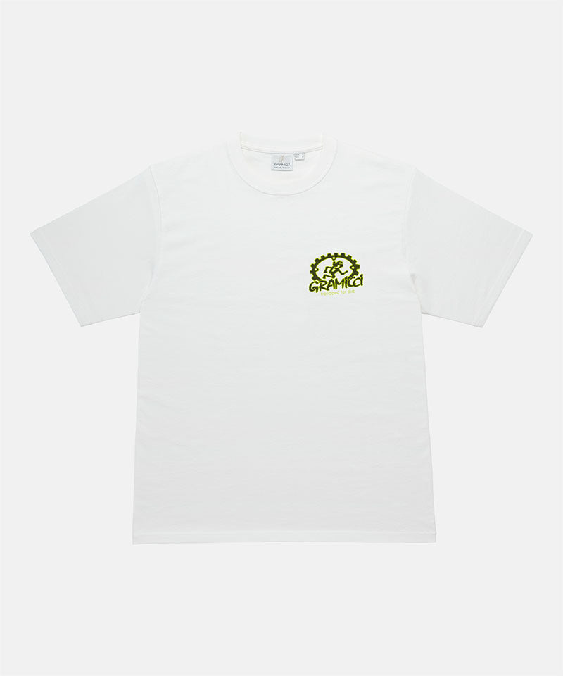 Gramicci white Equipped For Dirt Tee with a green graphic against a light-tone background.
