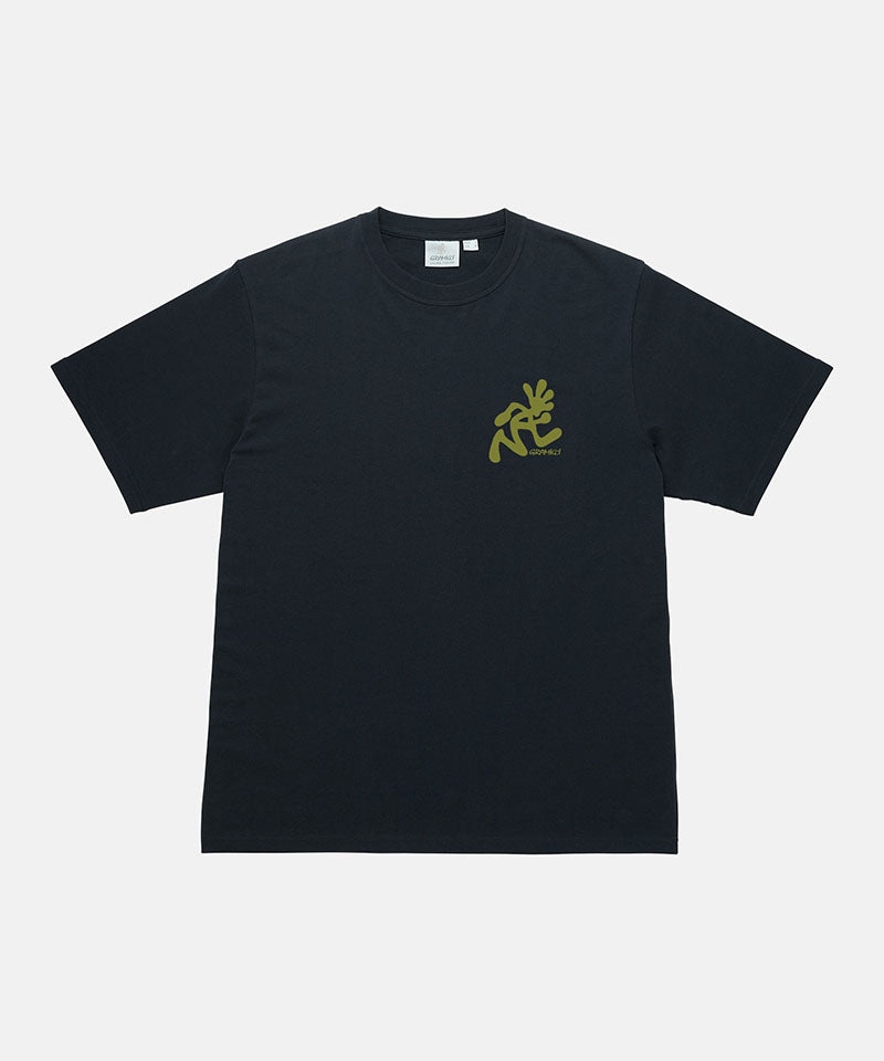 Black t-shirt with a yellow logo on a white background
