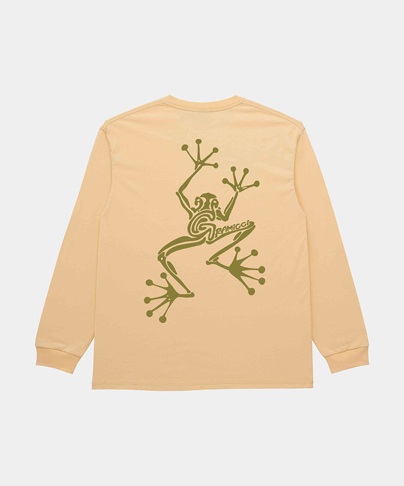Back view of a Gramicci mango colored Sticky Hands L/S Tee with green frog graphic against a light tone background.