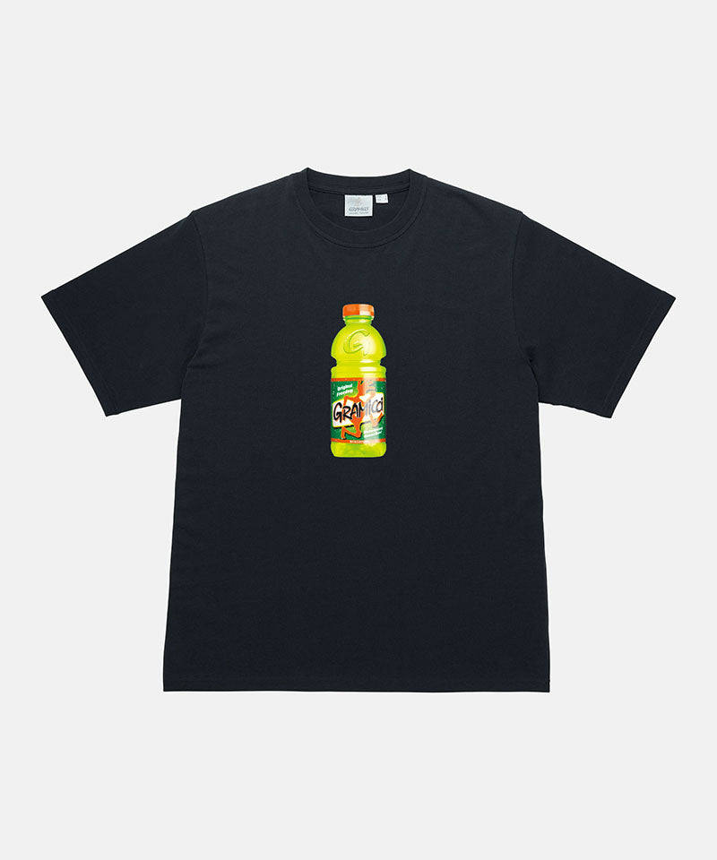 Gramicci vintage black Quencher Tee with hydration drink graphic against a light tone background.