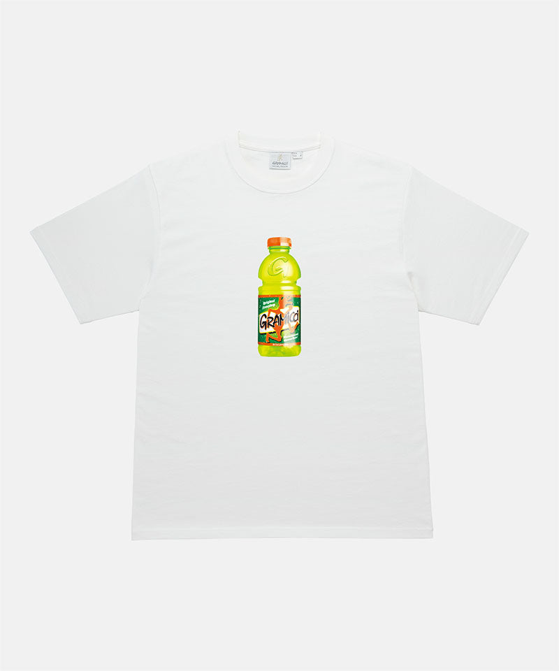 Gramicci white Quencher Tee with hydration drink graphic against a light tone background.