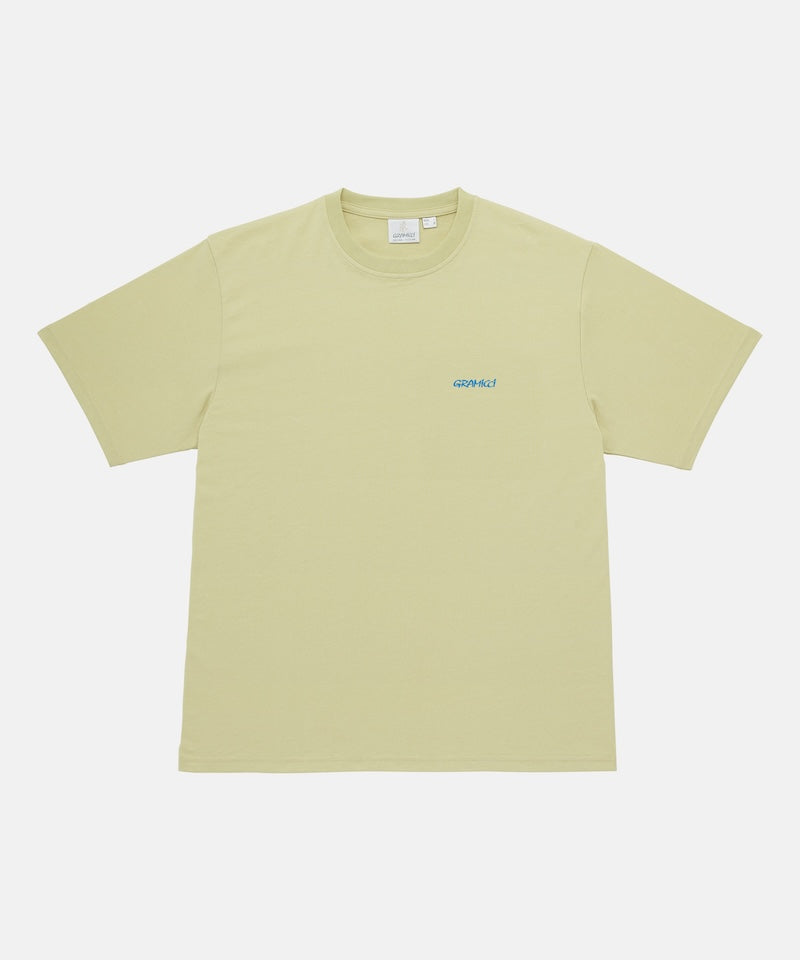 Gramicci lime colored Ice Sculpture Tee with Gramicci branding against a light tone background.