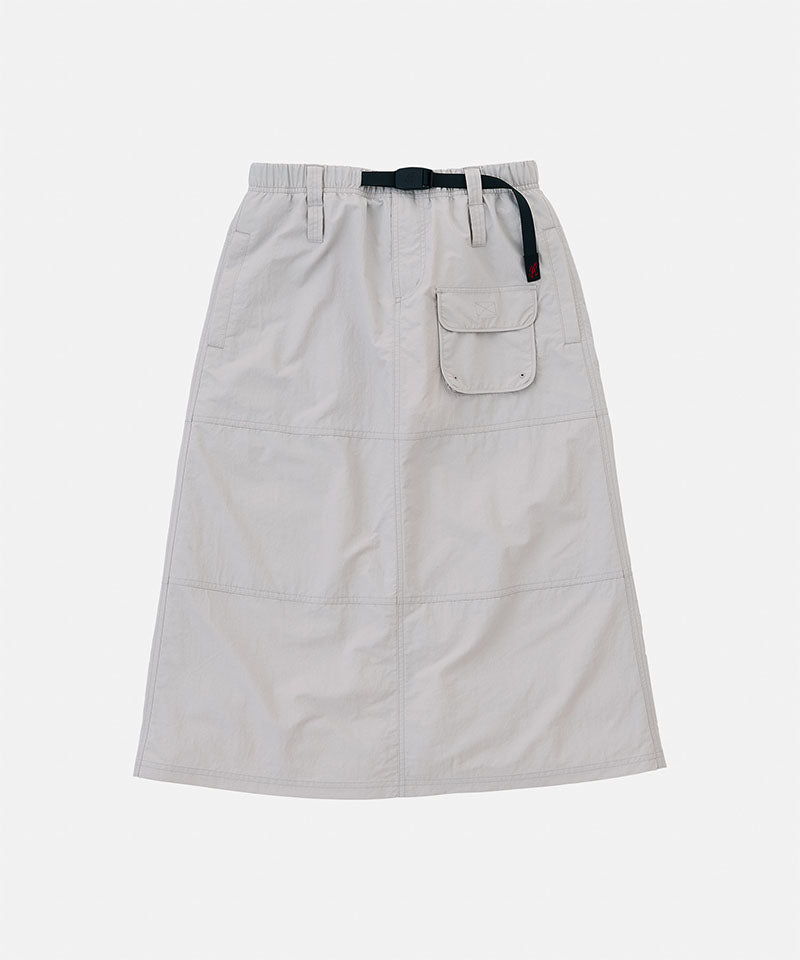 Light gray skirt with a pocket and black belt on a white background