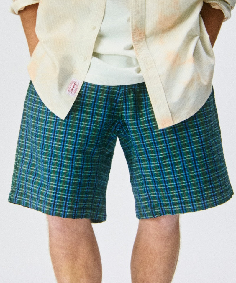 Model wearing a Gramicci blue multistripe Gramicci O.G. G-Short Seersucker Plaid against a light-tone background.