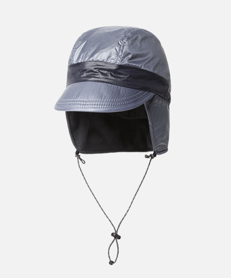 A Gramicci & thisisneverthat gray and black outdoor sun hat with a brim, neck flap, and chin cord, shown against a light gray background.