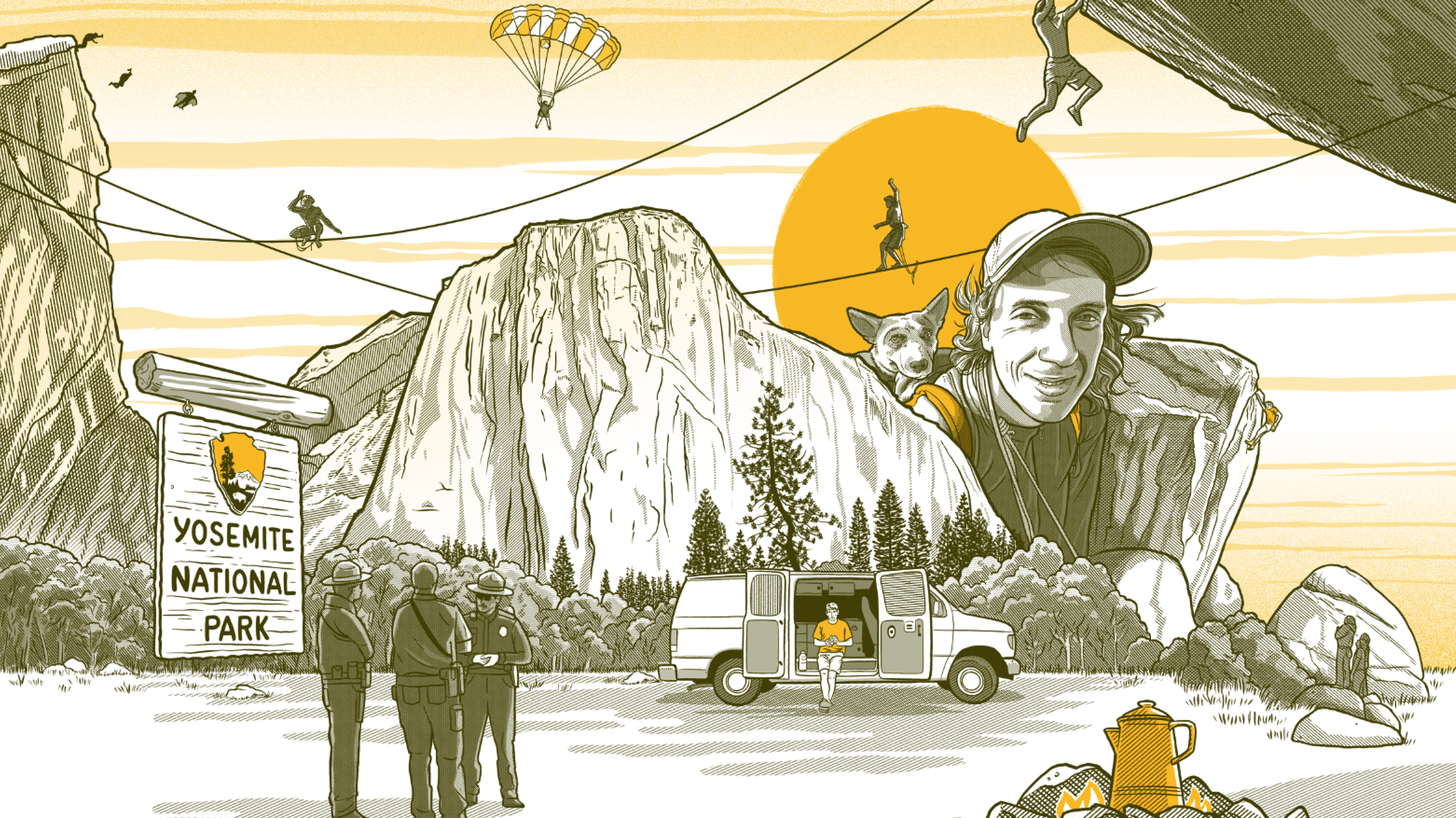 Graphic of Yosemite National Park featuring rock climbers, park rangers, camping.