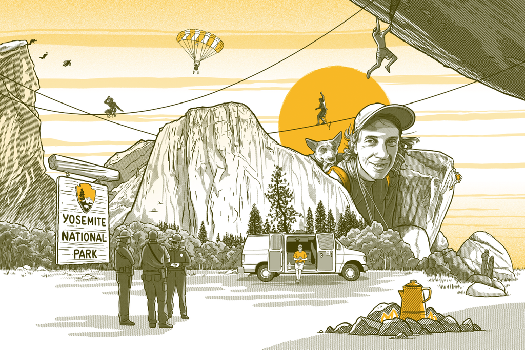 Graphic of Yosemite National Park featuring rock climbers, park rangers, camping.