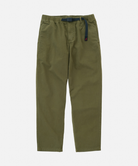 Olive green pants with a black belt featuring a small red embroidered Gramicci logo.