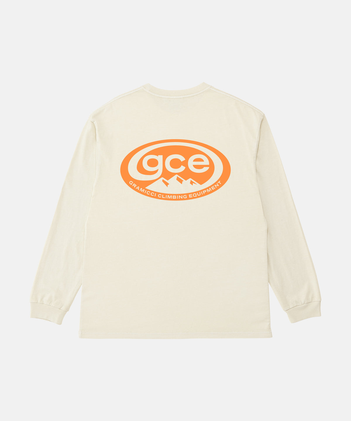 Back view of a Gramicci natural pigment colored GCE Long Sleeve Tee Pigment Dyed with a graphic against a light-tone background.