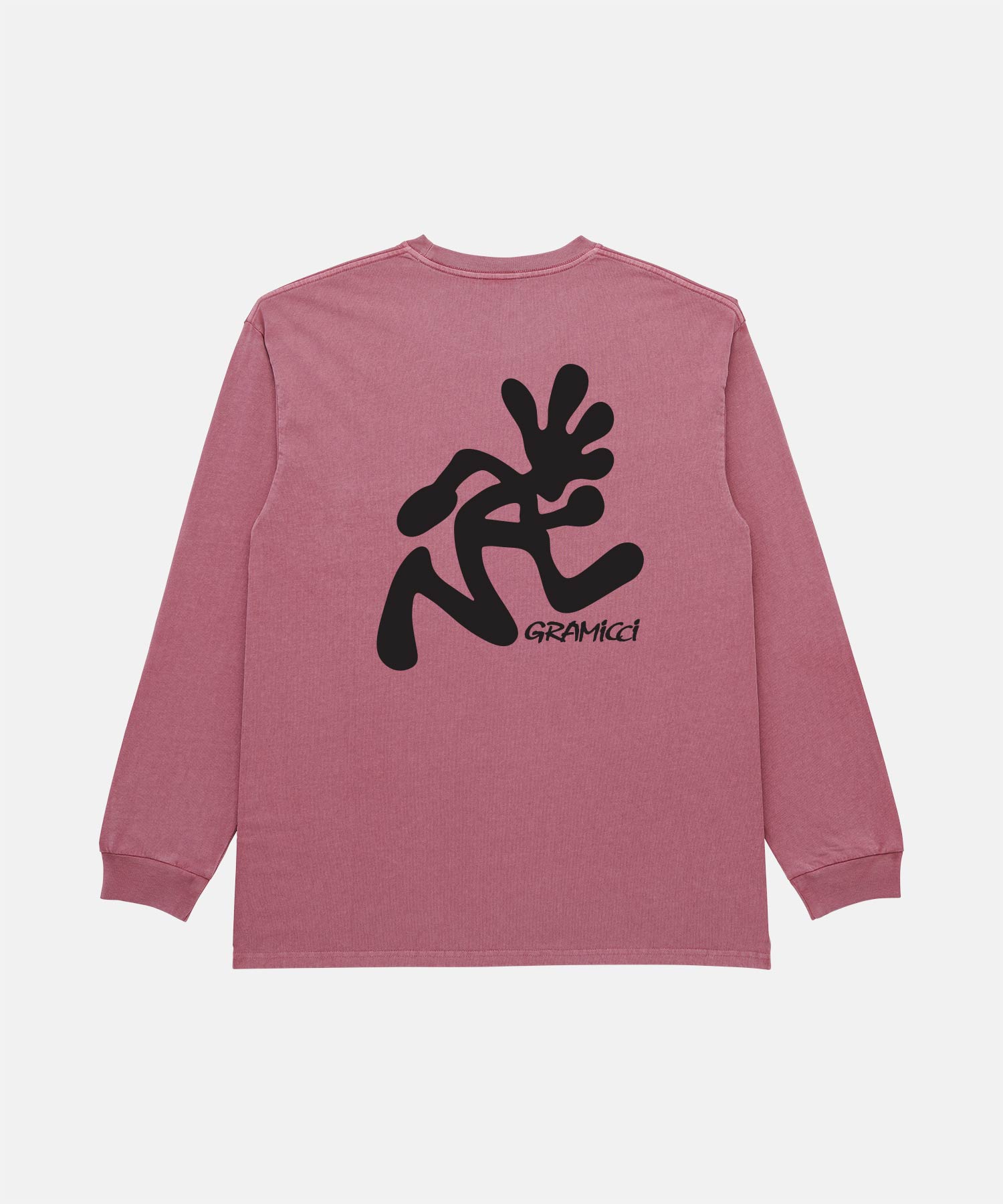 Back view of a Gramicci red pigment Running Man L/S Tee Pigment Dyed with a black graphic against a light-tone background.