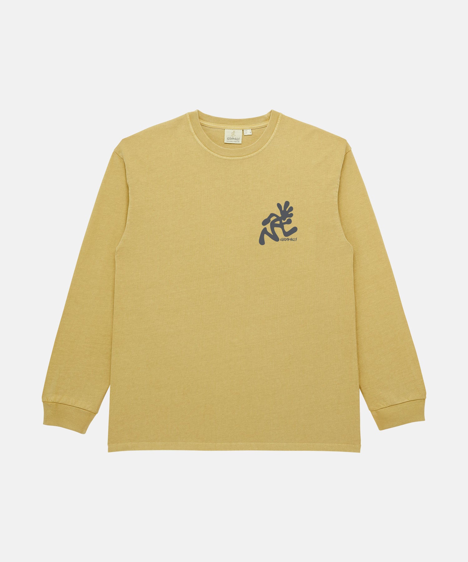Gramicci sulpher pigment Running Man L/S Tee Pigment Dyed with a grey graphic against a light-tone background.