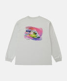 Back view of a Gramicci mist colored Bass Long-Sleeve Tee with a graphic against a light-tone background.