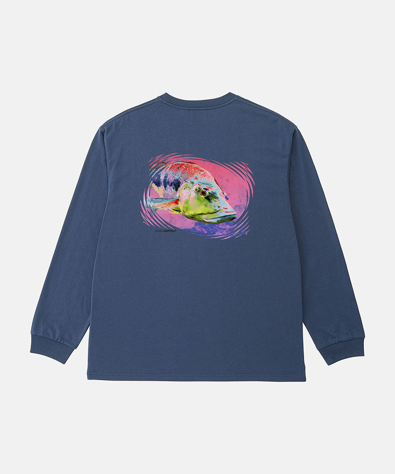 Back view of a Gramicci navy Bass Long-Sleeve Tee with a graphic against a light-tone background.