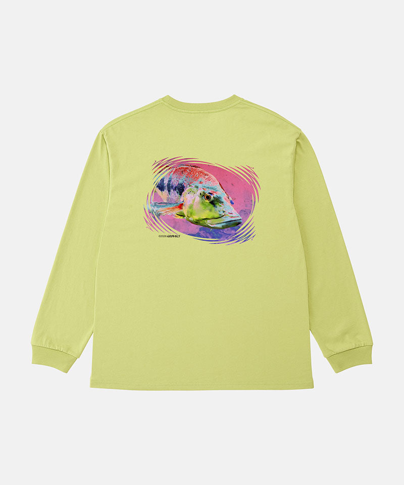 Back view of a Gramicci sweet pea colored Bass Long-Sleeve Tee with a graphic against a light-tone background.