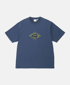 Model wearing a Gramicci navy Flames Tee with a graphic against a light-tone background.