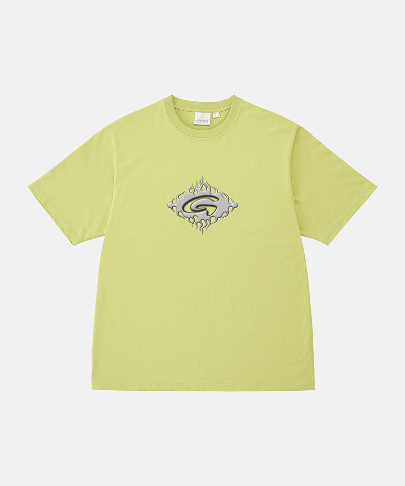 Gramicci sweet pea colored Flames Tee with a graphic against a light-tone background.
