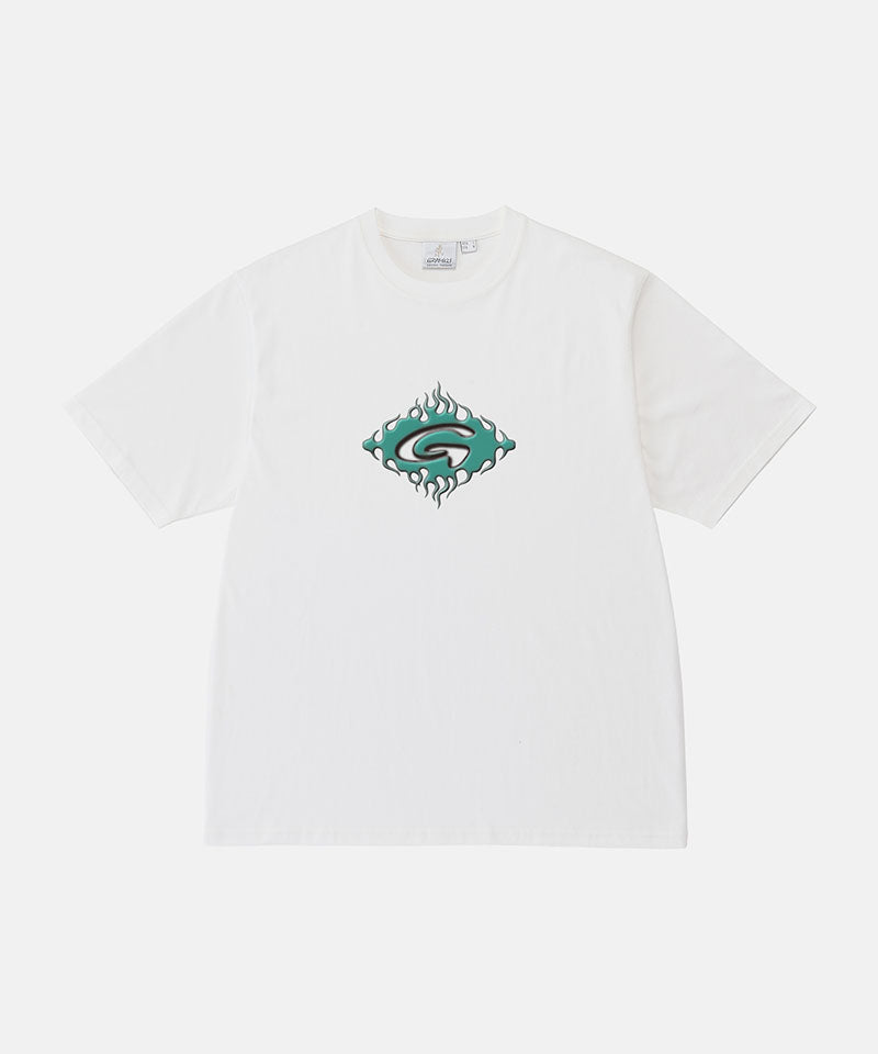 Gramicci white Flames Tee with a graphic against a light-tone background.