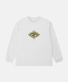 Gramicci ash heather colored Flames Long Sleeve Tee with a graphic against a light-tone background.