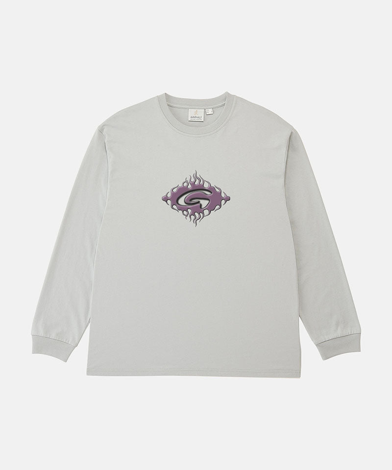 Gramicci mist colored Flames Long Sleeve Tee with a graphic against a light-tone background.