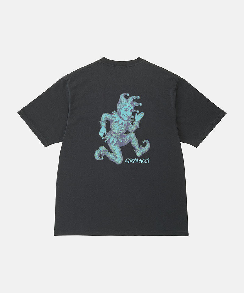 Back view of a Gramicci vintage black Joker Tee with a teal graphic against a light-tone background.