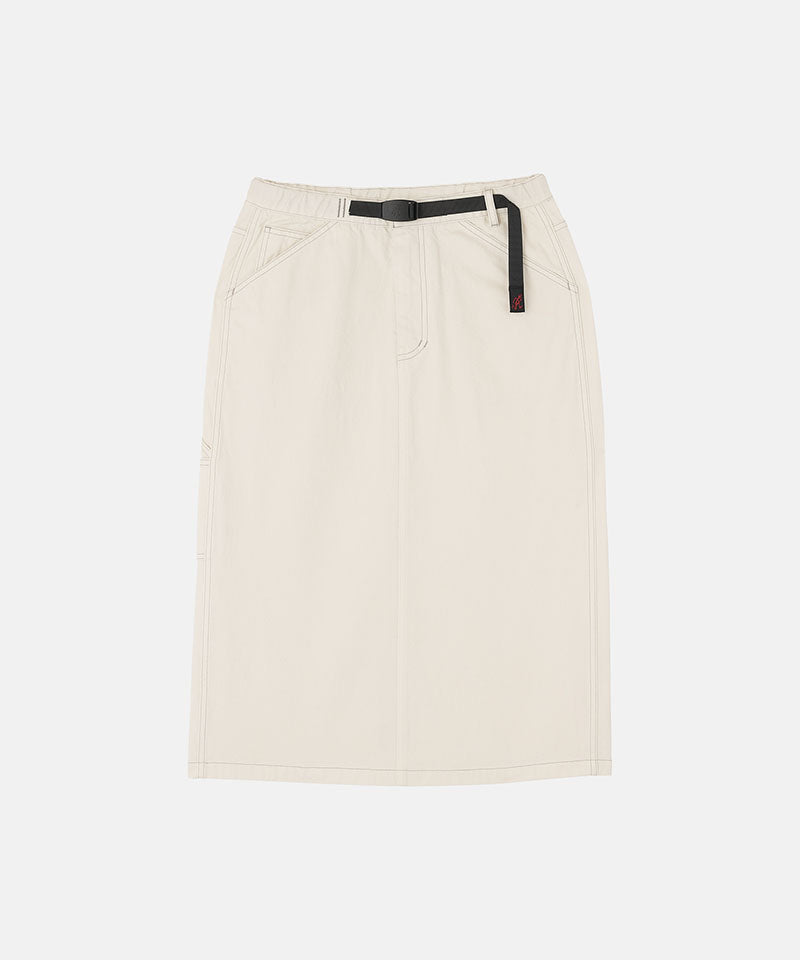 Bone colored Gramicci Denim Carpenter Skirt against a light-tone background.