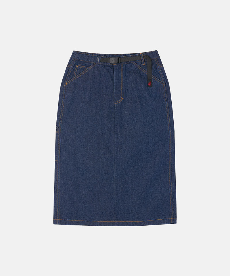 Rinsed indigo Gramicci Denim Carpenter Skirt against a light-tone background.