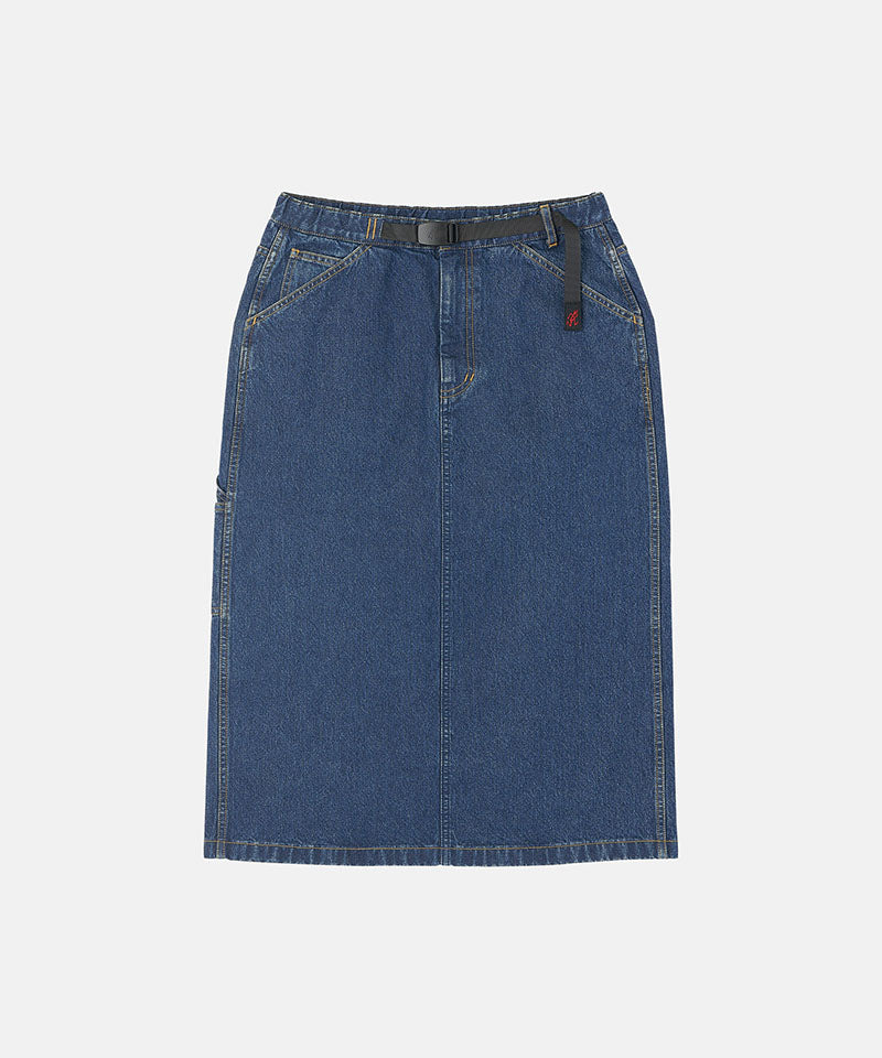 Stone colored Gramicci Denim Carpenter Skirt against a light-tone background.