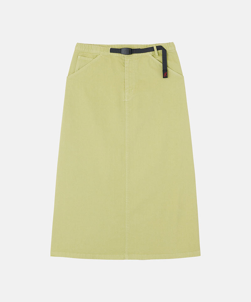 Elm pigment colored Gramicci 5-Pocket Skirt against a light-tone background.