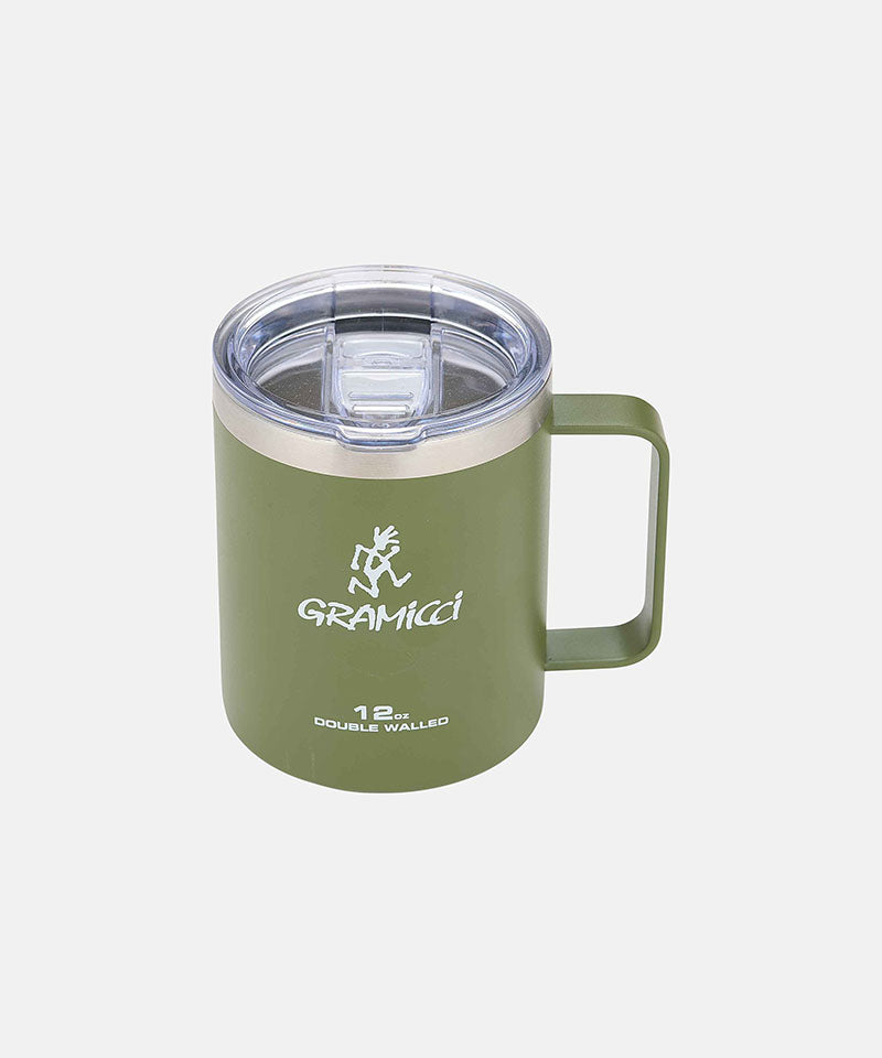 Gramicci olive Gramicci Double Walled Stainless Steel Mug with a Gramicci graphic against a light-tone background.