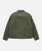 Back view of a Gramicci moss green Taos Canvas Jacket against a light-tone background.