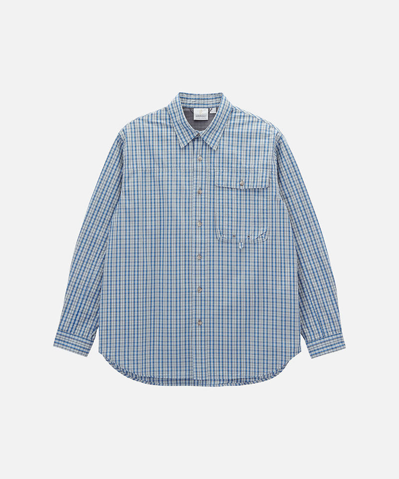 Gramicci blue plaid Poplin Millwood Shirt against a light-tone background.