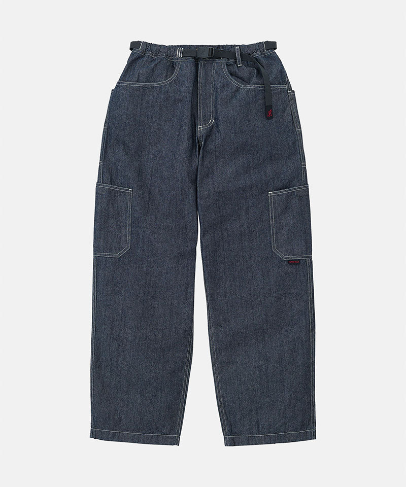 Japanese Chambray Rock Slide Pant in navy with a black belt against a light-tone background.