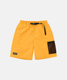 Yellow shorts with black accents on a light gray background