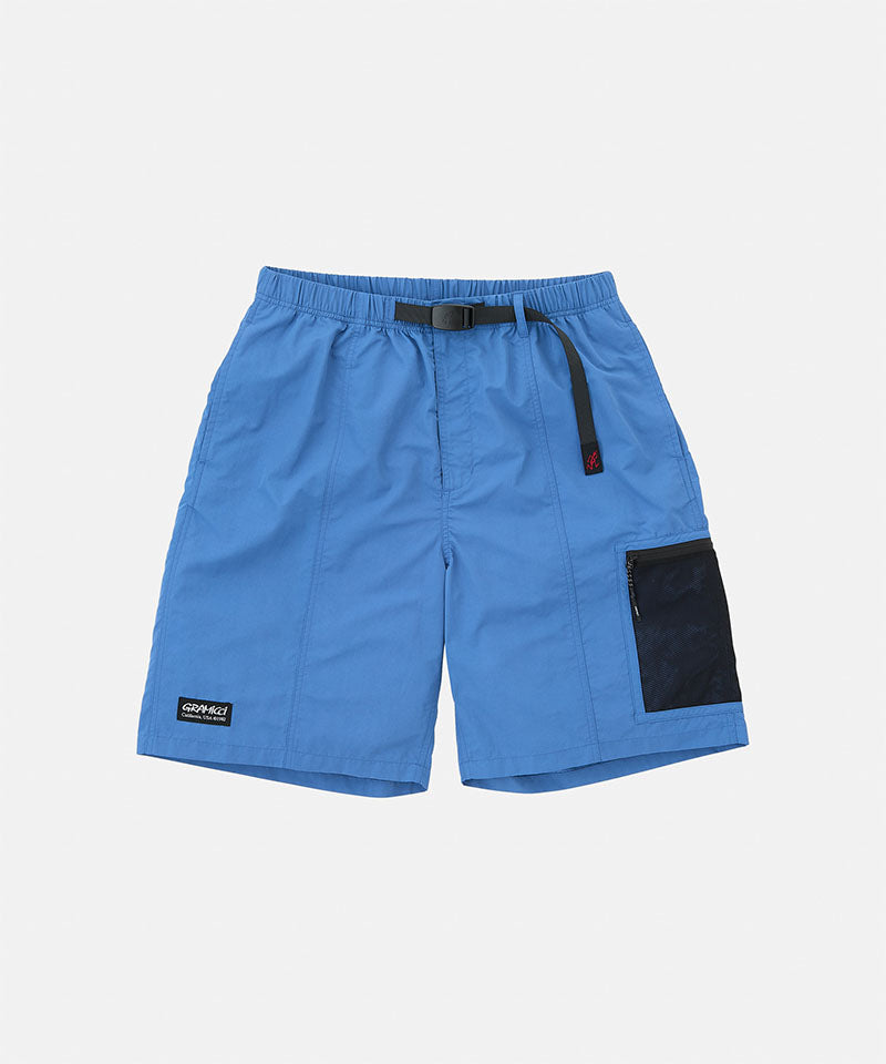 Blue shorts with a black pocket on a light gray background