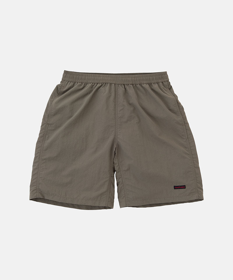 Khaki shorts with a small logo on a light gray background