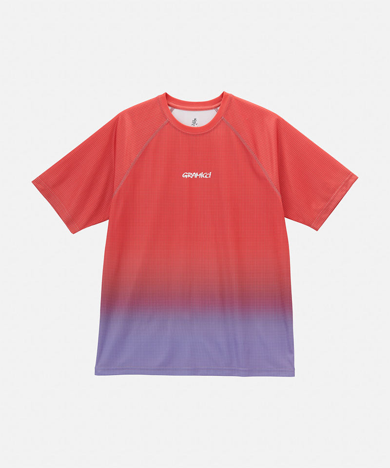 Gramicci red gradient UPF Shield S/S Top with a white Gramicci graphic against a light-tone background.
