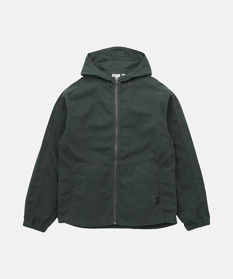 Front view of the Gramicci Beach Hoodie Jacket in shadow with a full-length zipper, divided kangaroo pocket, and small logo tab on a light tone background.